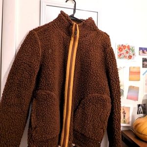 Toad&co recycled wool Sherpa fleece jacket in brown with yellow trim size medium